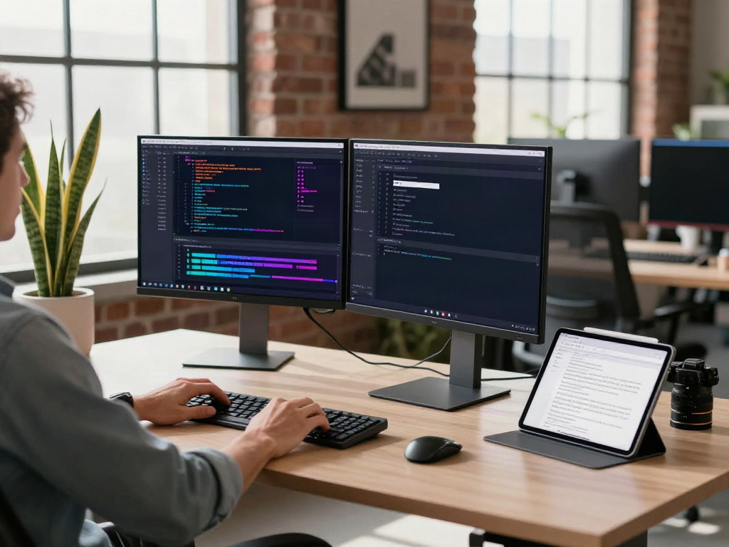 v2rayN官网 software development workspace with developer coding at modern desk