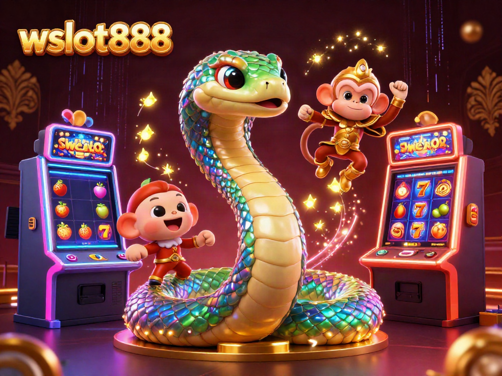 Permainan slot wslot888 menampilkan ular pelangi dan raja monyet dalam ilustrasi 3D yang dinamis.