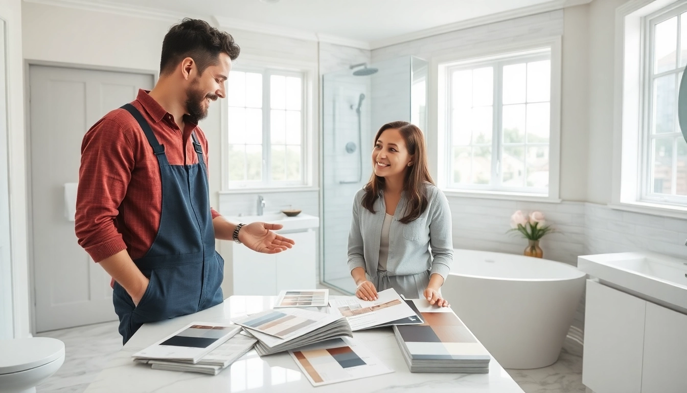 Engaging bathroom remodeling contractors discussing innovative designs with a homeowner.
