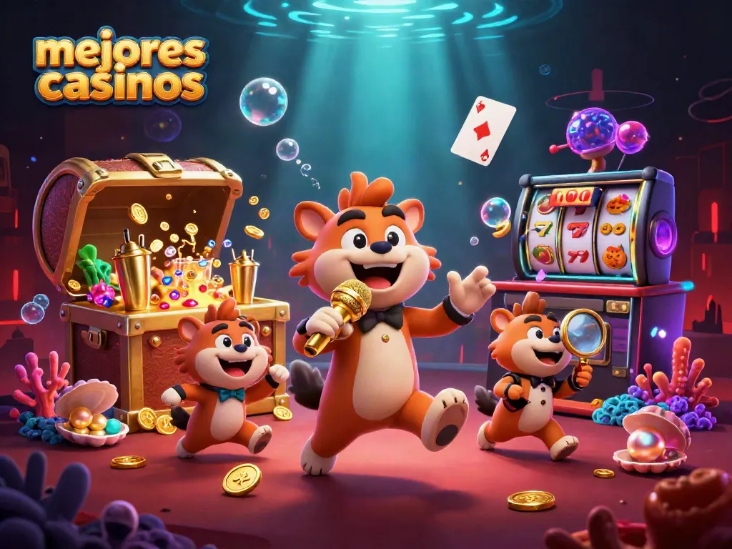 Los mejores casinos en una escena animada con personajes divertidos y elementos de juego.