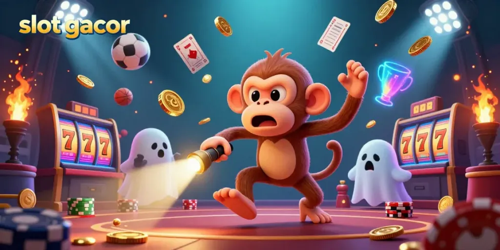 Experience thrilling gameplay with slot gacor at a haunted casino featuring a playful monkey and adventurous puppy.