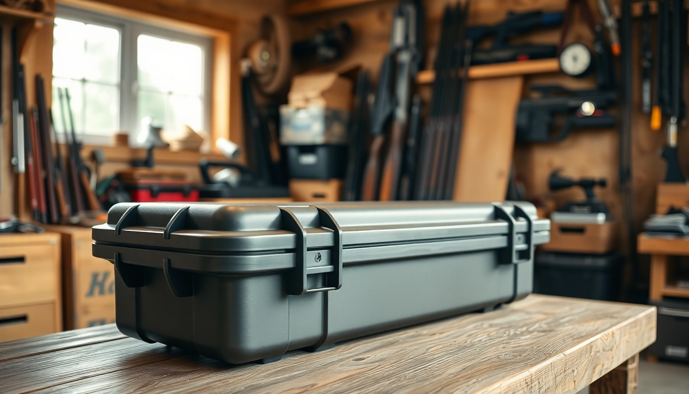 Showcase a pelican rifle case on a wooden table in a cozy workshop setting.