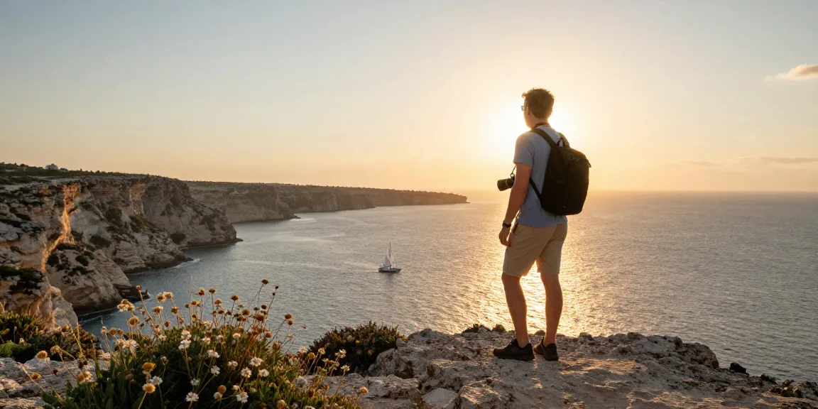 Traveler admiring the stunning coastline during a Malta Gozo tour at sunset.