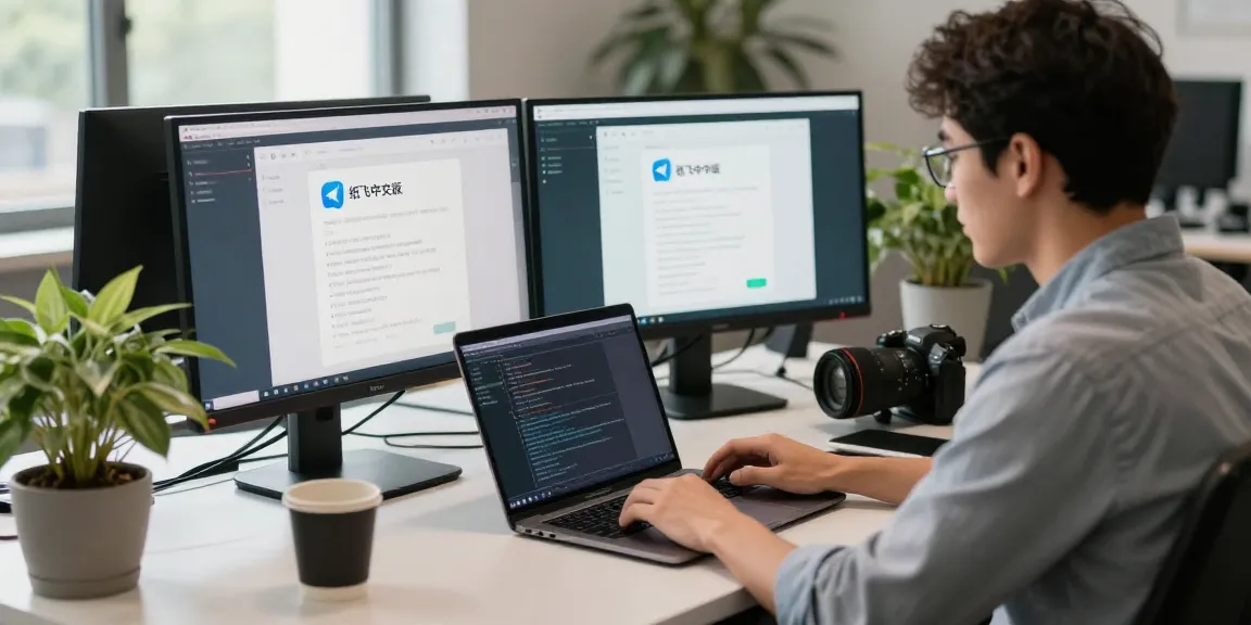 Developing the 纸飞机中文版 app in a modern tech workspace with dual monitors.