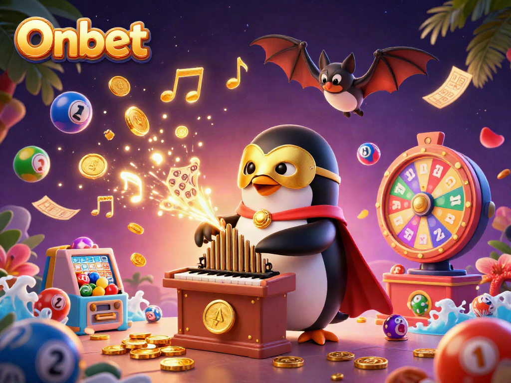 Onbet penguin character playing an organ, shooting coins in a vibrant, casino-themed scene.