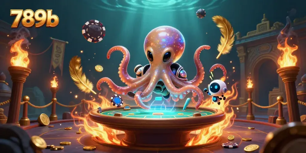 Experience dazzling 789b gaming action with a cosmic octopus at a poker table.