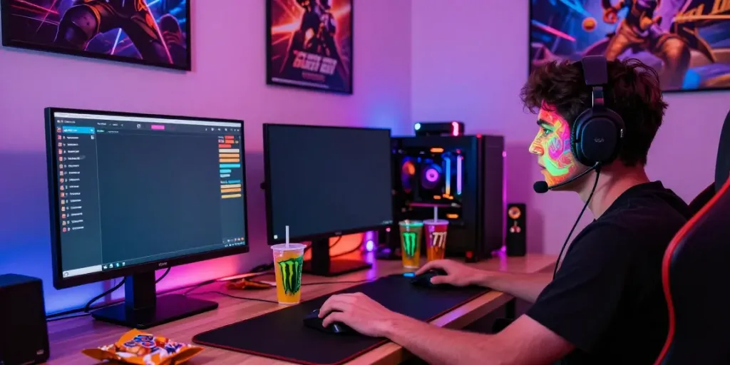 Permainan slot777 online dengan fokus pada pemain yang terlibat, suasana gamer modern dan dekor yang menarik.