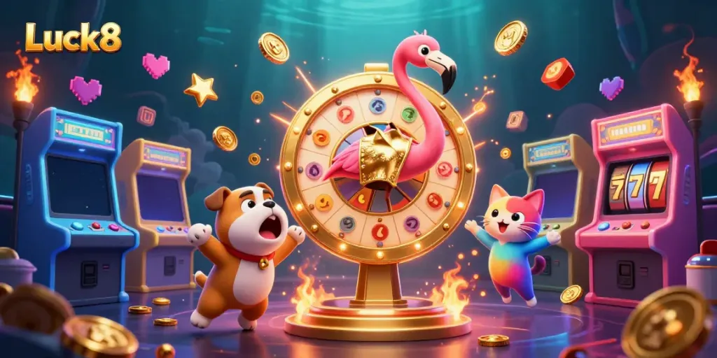 Engage with Luck8 in a vibrant casino scene featuring a game show host flamingo, excited contestant bulldog, and prize scoreboard cat.