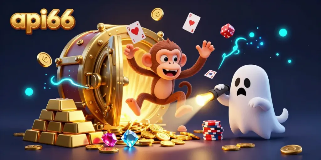 Experience thrilling moments with api66 as a poltergeist monkey juggles golden casino tokens in a magical setting.