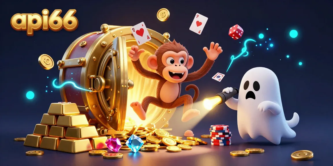 Experience thrilling moments with api66 as a poltergeist monkey juggles golden casino tokens in a magical setting.