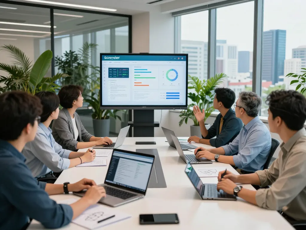 Team discussing Schneider Electric energy solutions in a modern office setting, showcasing sustainable technologies and collaboration.
