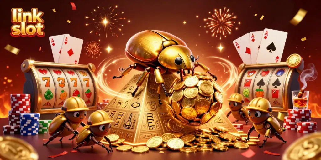 Experience the excitement of link slot games with vibrant 3D characters and gold coins raining down.