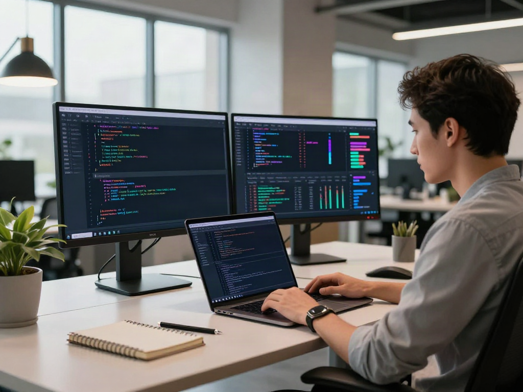 Developer using the Brave浏览器 on a laptop in a modern tech workspace.