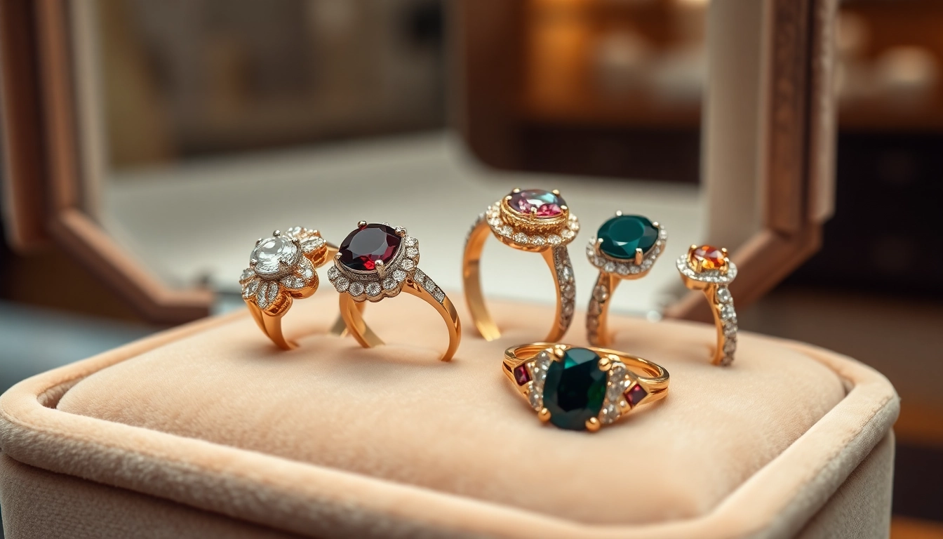 Admire luxury rings sparkling with intricate designs and exquisite gemstones.