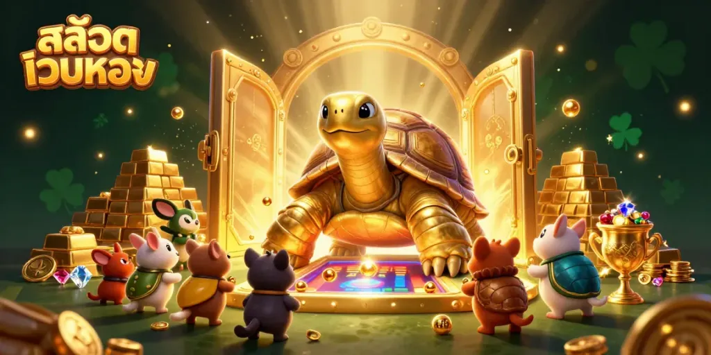 Play exciting games at สล็อตเว็บตรง with a vibrant 3D casino illustration featuring a golden tortoise and treasure.