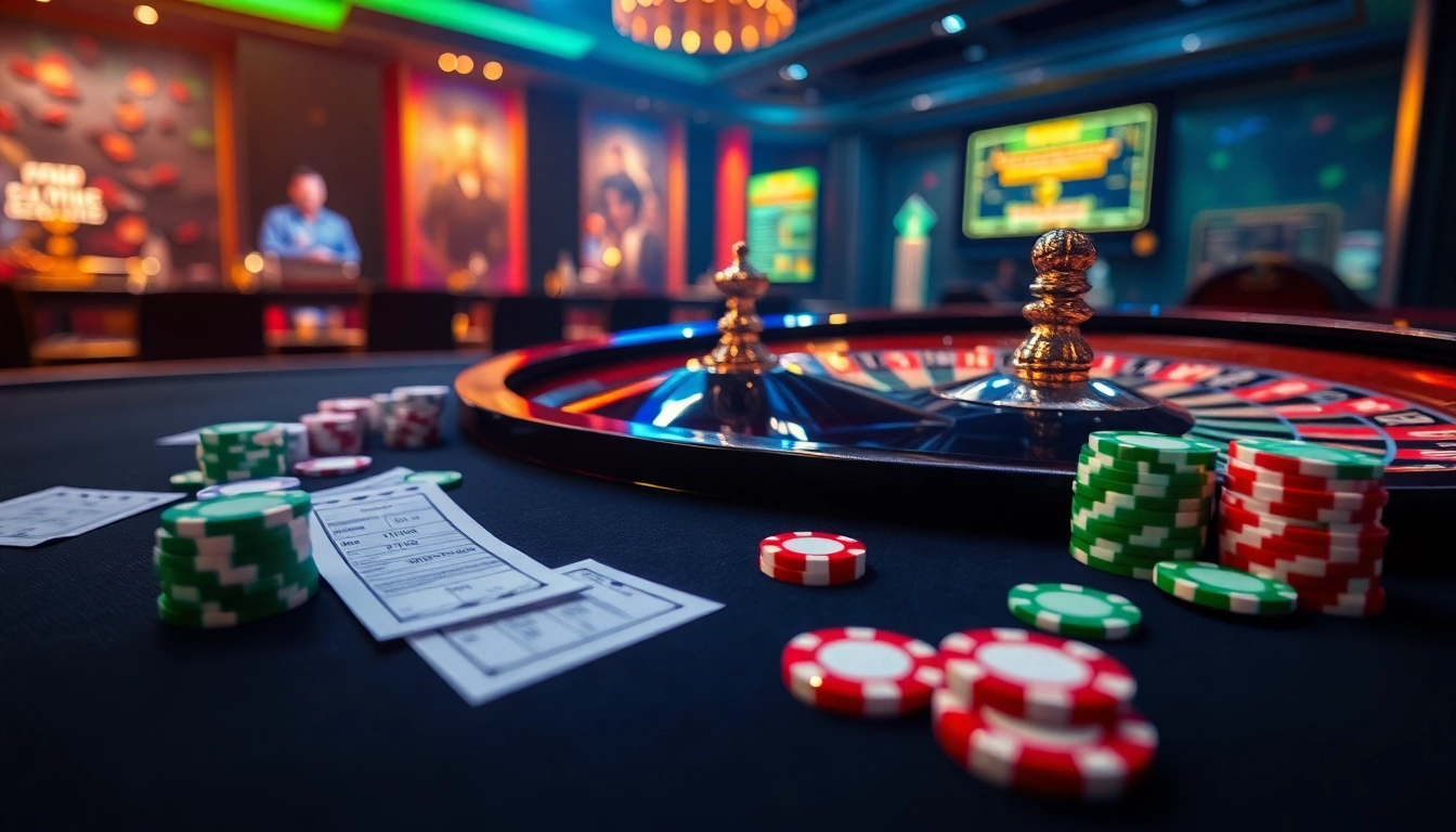 Adegan menarik aktivitas perjudian di platform online Utama4D, menampilkan chip poker dan roda roulette.