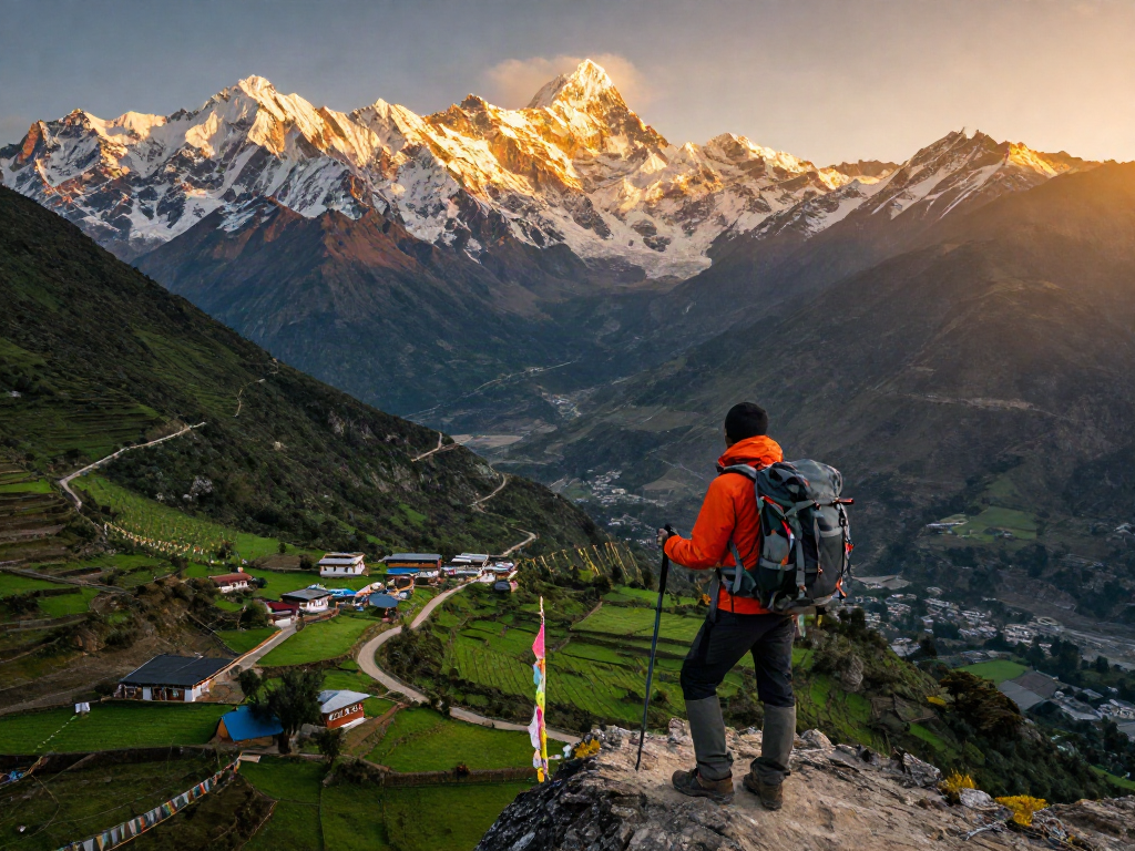Manaslu Circuit Trek hiker admiring stunning Himalayan views, capturing the essence of adventure.