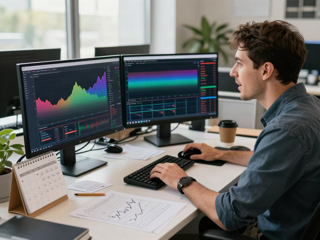 Trader analyzing multiple screens in a modern workspace showcasing tradingview官网 charts and data.