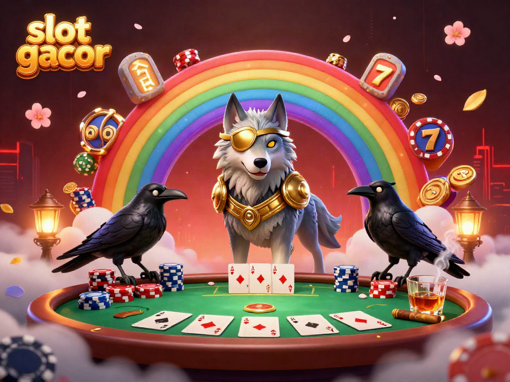Slot gacor menampilkan Odin dan dua burung gagak di jembatan kasino chip.