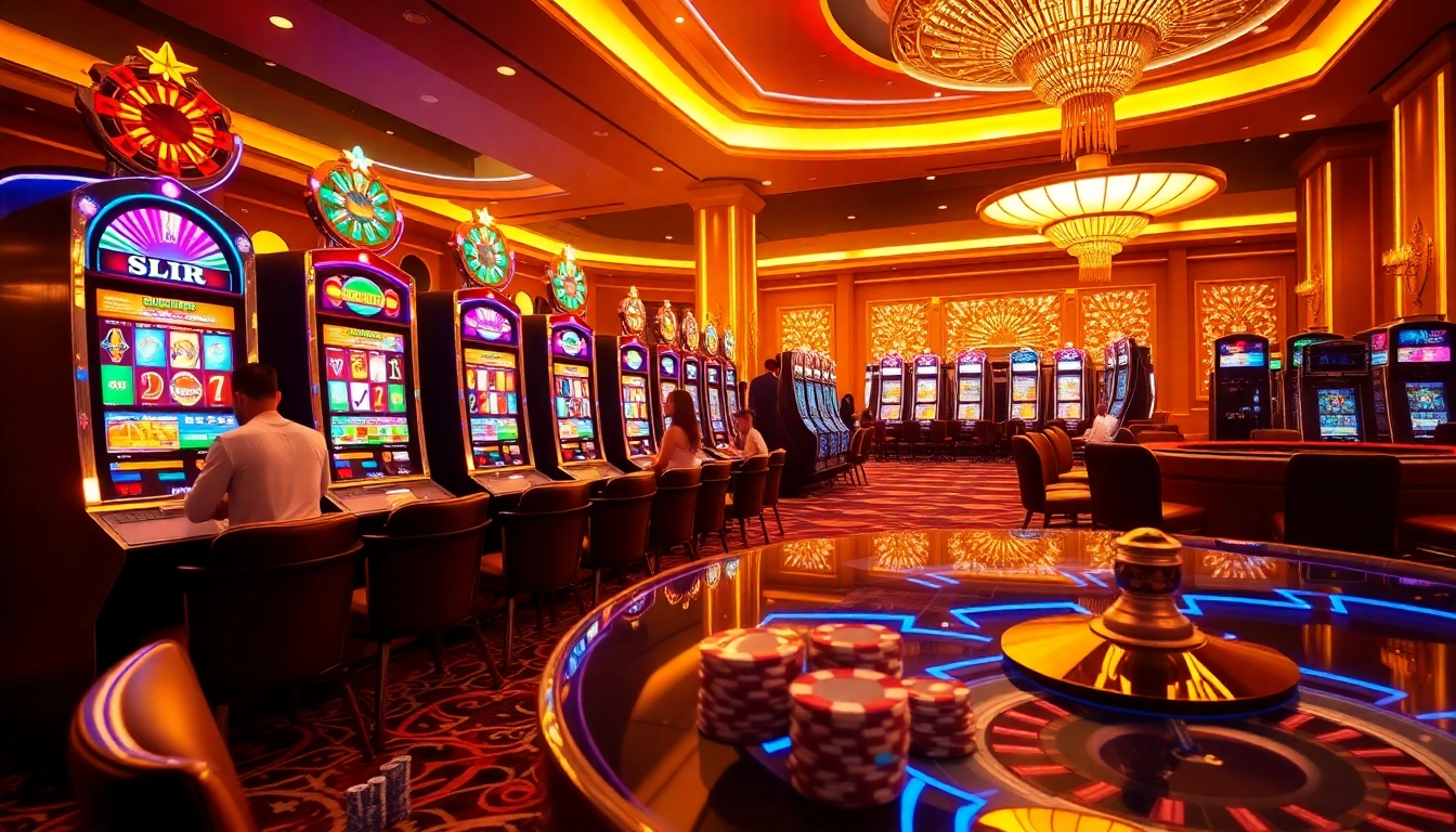 Excited players enjoying SLOT machines in a luxurious casino setting with vibrant lights.