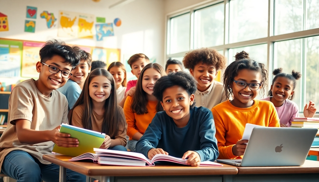 Education-focused classroom with diverse students engaged in collaboration.