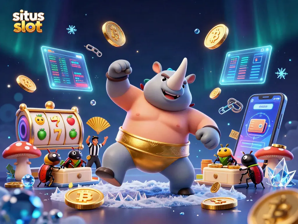 Experience the thrilling action of situs slot with a dynamic scene of a beetle champion, currency coins, and vibrant casino elements.