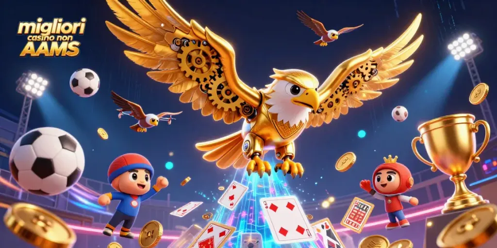 Scopri i migliori casinò non AAMS con un'aquila dorata e carte olografiche in azione.