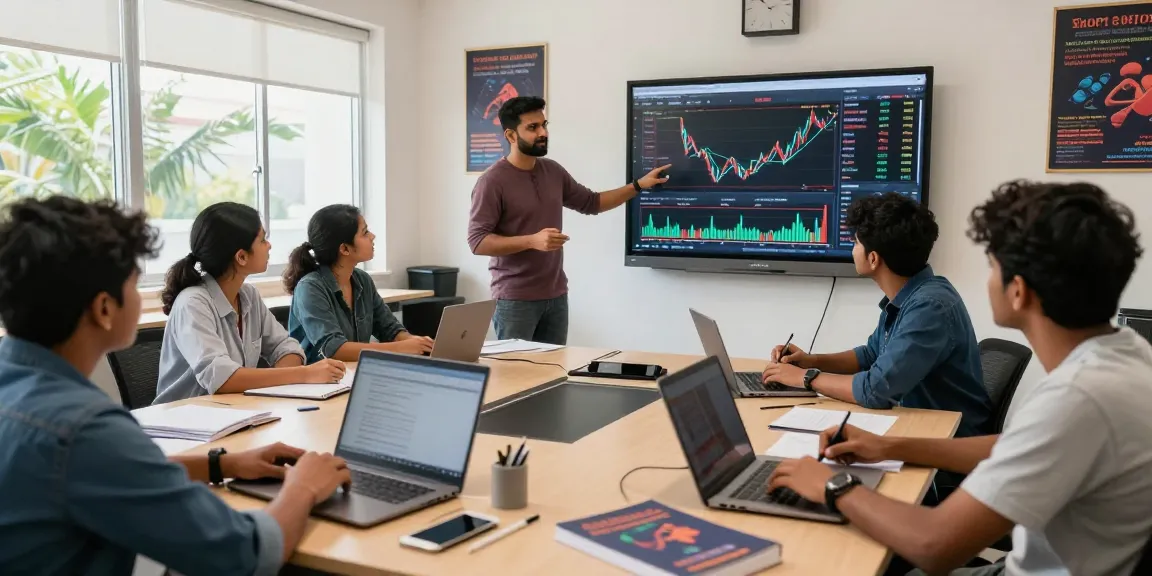 Students learning trading strategies at a trading institute in Kerala during an interactive classroom session.