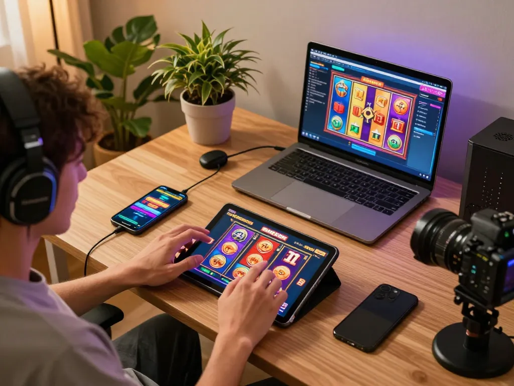 Adegan menarik pemain online menikmati slot gacor di tablet di kantor rumah yang nyaman