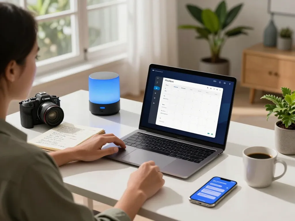 Moltbot AI assistant displayed on a laptop screen in a modern workspace with productivity elements.