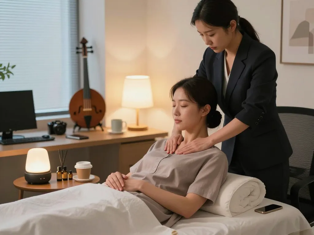 사무실에서 종로출장안마 마사지를 받고 있는 전문 여성, 이완 및 웰빙을 보여주고 있습니다.