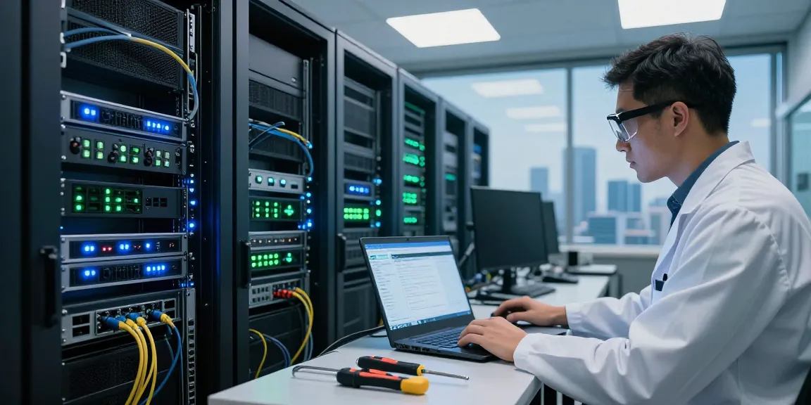 Teknisi IT memeriksa server sambil menggunakan hypervisor di ruang server modern.
