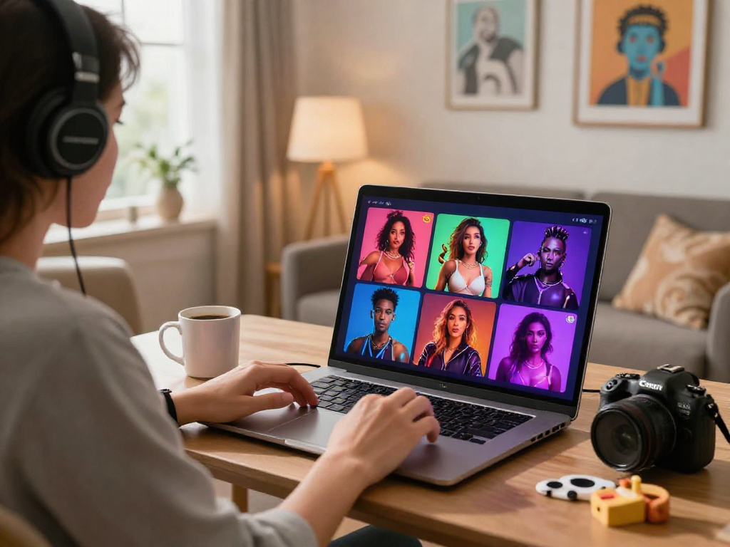 Engaging in ai porn chat through a laptop in a cozy living room setting, showcasing vibrant character images.