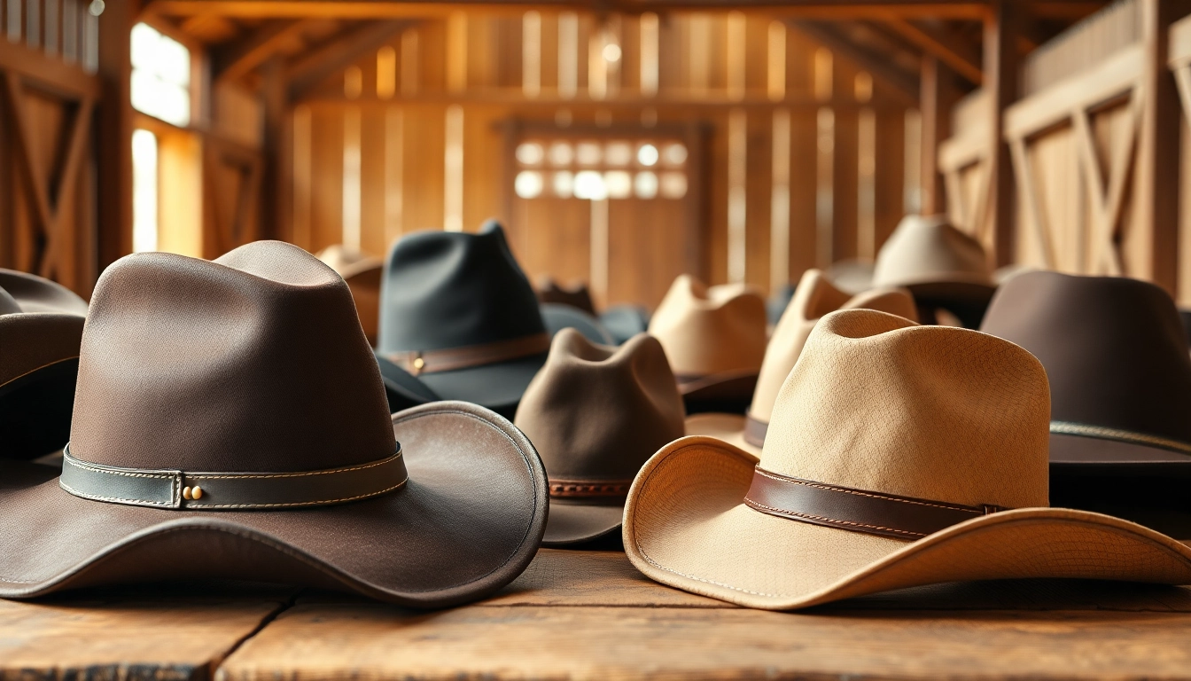 Showcasing diverse cowboy hats with unique designs on a rustic background.