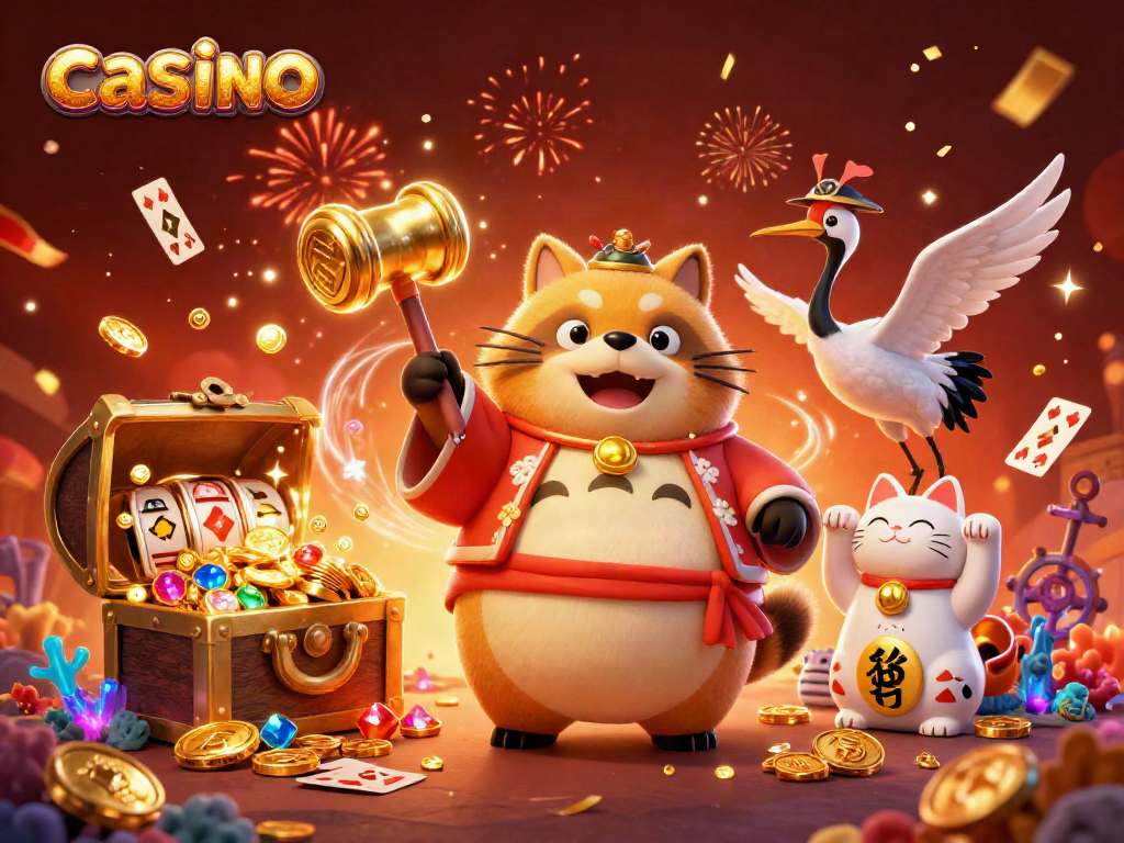 Engaging casino scene with cheerful tanuki and crane amidst gold coins and vibrant gaming elements.