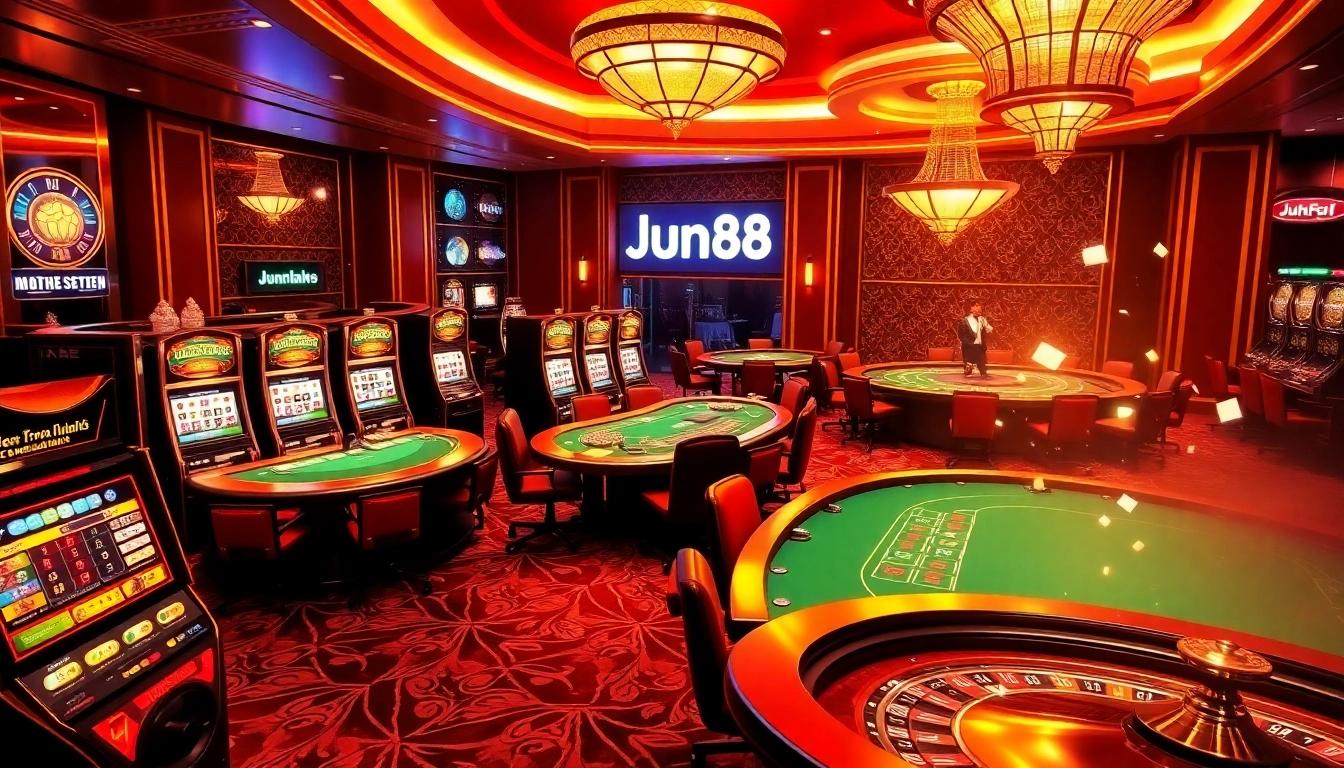 Experience the thrill of Jun88 as players engage with vibrant casino games, including poker and slots.