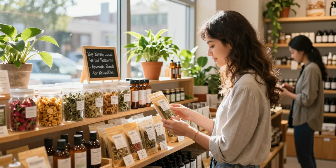 Engaging scene of a shopper considering to buy barely legal herbal potpourri in a bright herbal wellness shop.