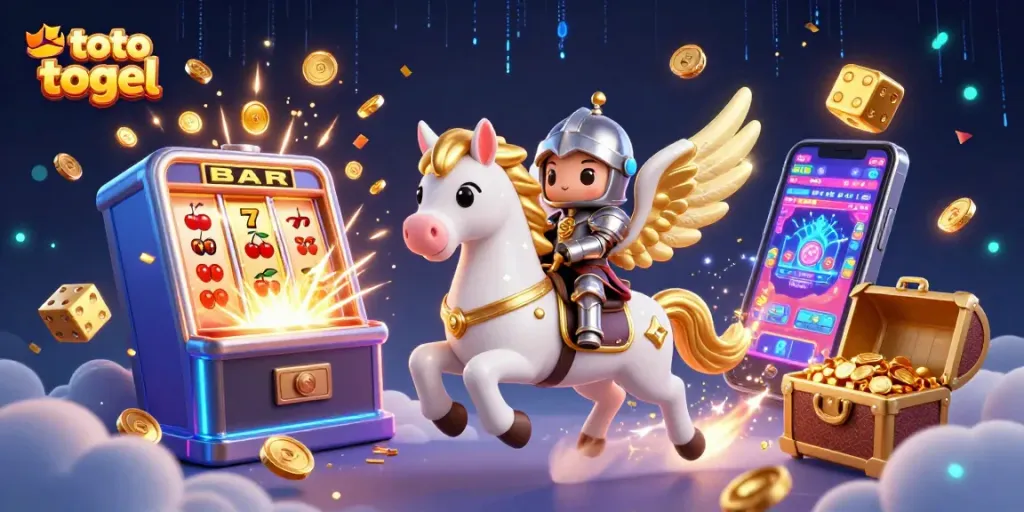 Menangkan toto togel dengan ilustrasi 3D yang memukau, menampilkan kuda bersayap emas dan mesin slot berlimpah.