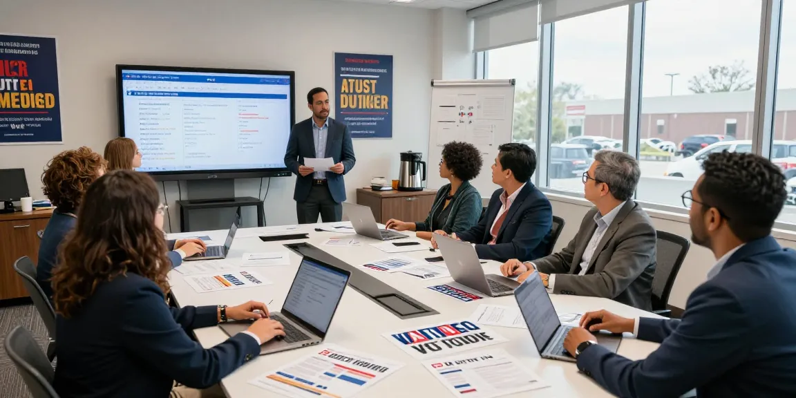 Campaign direct mail strategies in a vibrant political office, team analyzing voter data.