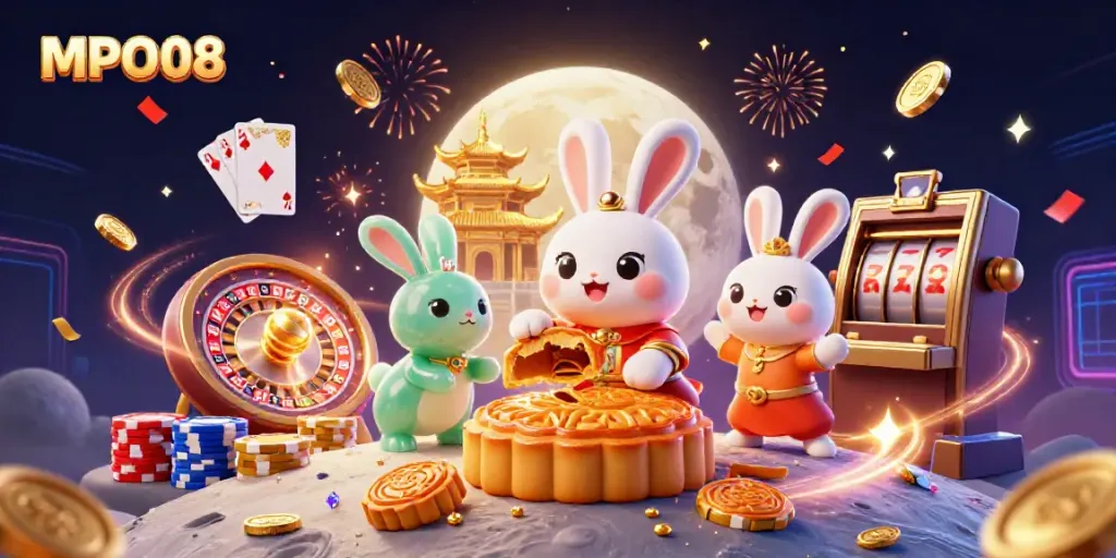 Experience thrilling casino excitement with MPO08 featuring a moon rabbit, poker chips, and vibrant game elements.