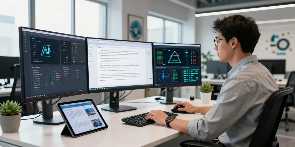 AI Detector in a modern workspace, showcasing detection software and metrics for analyzing AI-generated content