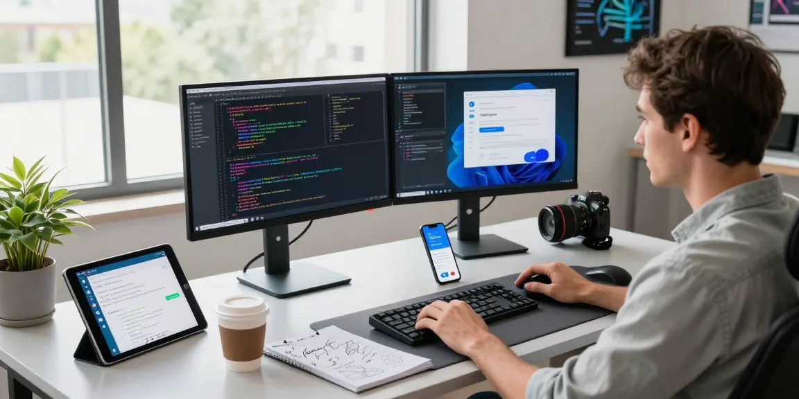 telegram中文版下载 in a modern tech workspace with coding elements and a Telegram interface on monitors.