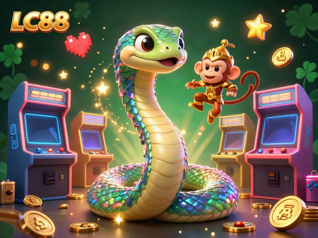 Experience winning at LC88 with a vibrant 3D casino scene featuring a rainbow serpent and game machines.
