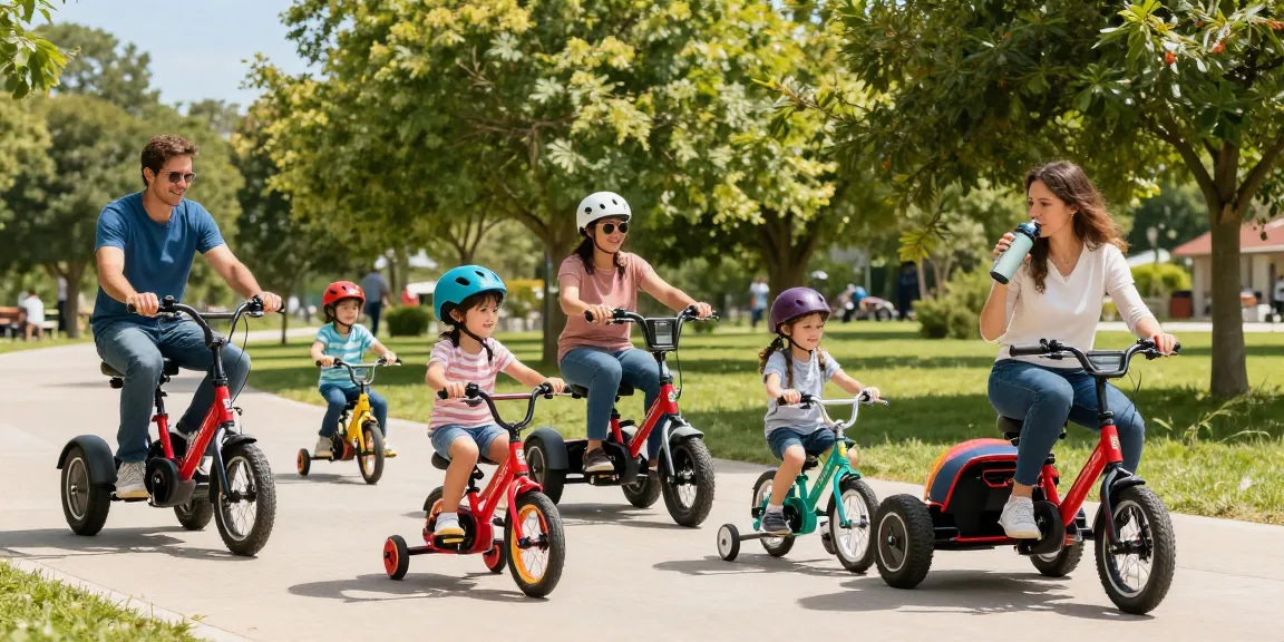 Group riding tricycles in a sunny park, showcasing electric and kids' models.