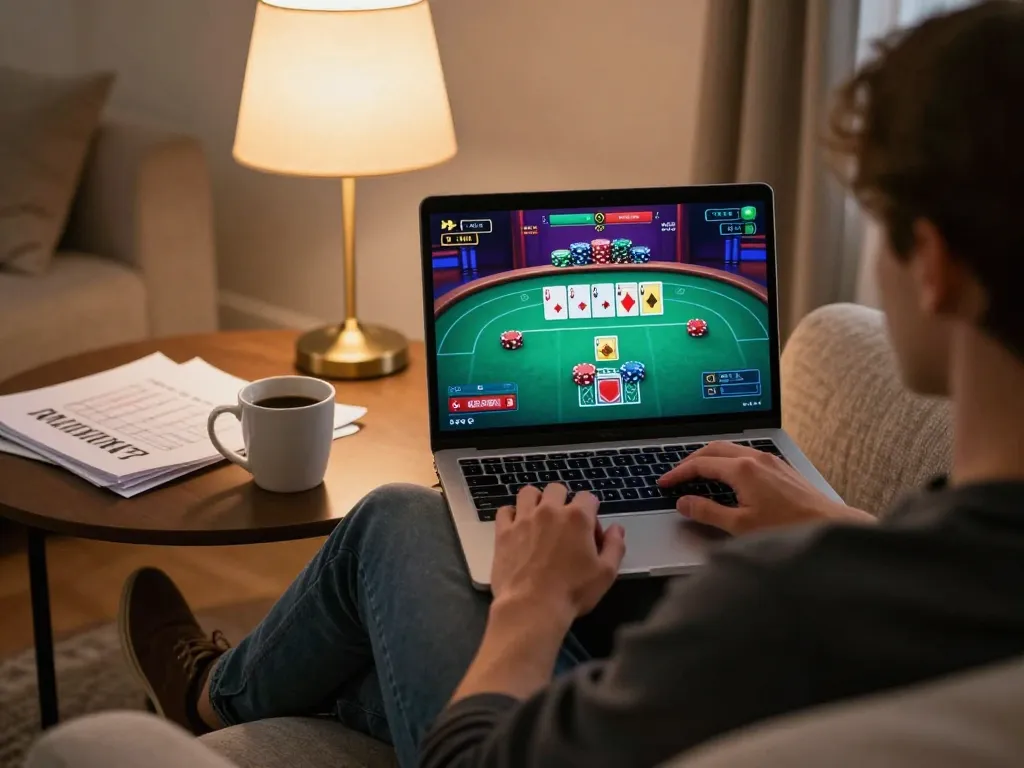 The hidden wiki user engaged in online poker gaming from a cozy home setup.