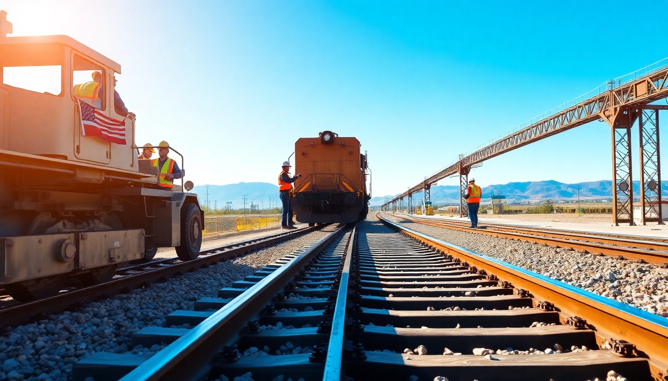 Ratilroad Track Construction Compary workers installing new rail tracks on an active construction site.