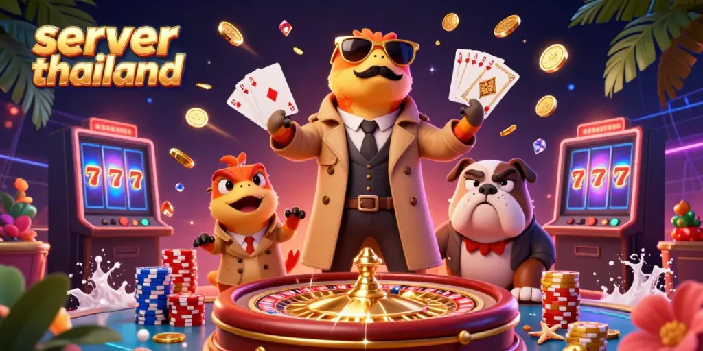 Experience thrilling moments with server thailand at this vibrant casino scene featuring playful raptor characters.