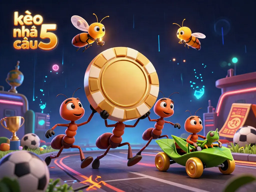 Join the action with kèo nhà cái 5, where ants execute a heist for a golden poker chip through a vibrant sports betting setting.