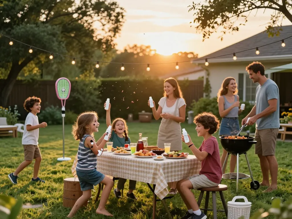 Family applying mosquito repellent while enjoying a barbecue outdoors, ensuring protection against pests.
