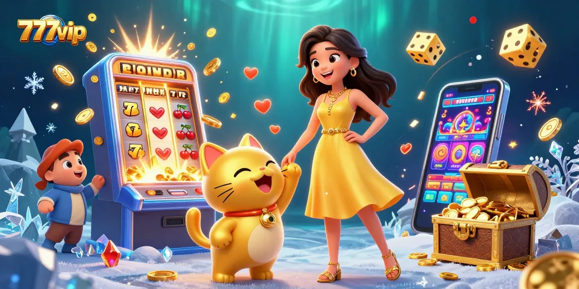 Play exciting games at 777vip with a cheerful Asian woman and a lucky cat surrounded by jackpots.